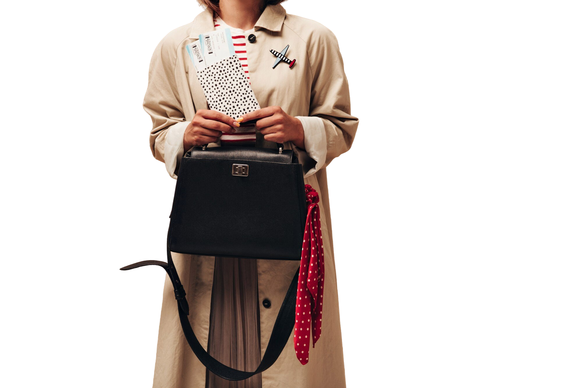 stylish woman long autumn coat modern striped sweater holds black handbag tickets isolated beige background